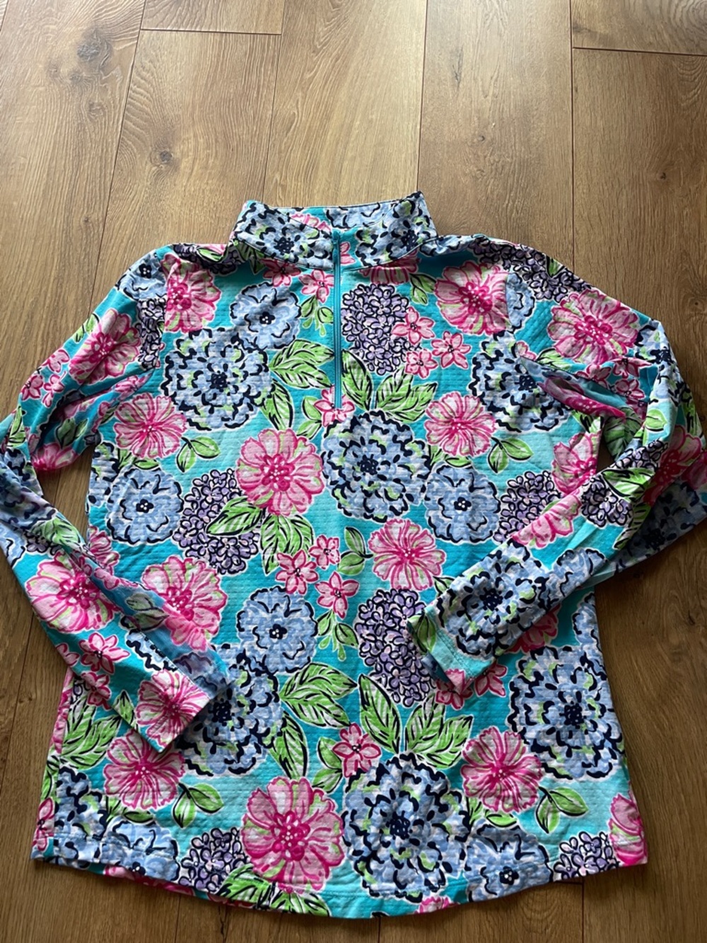 IBKUL Floral Quarter-Zip Pullover in Turquoise, Pink & Blue
